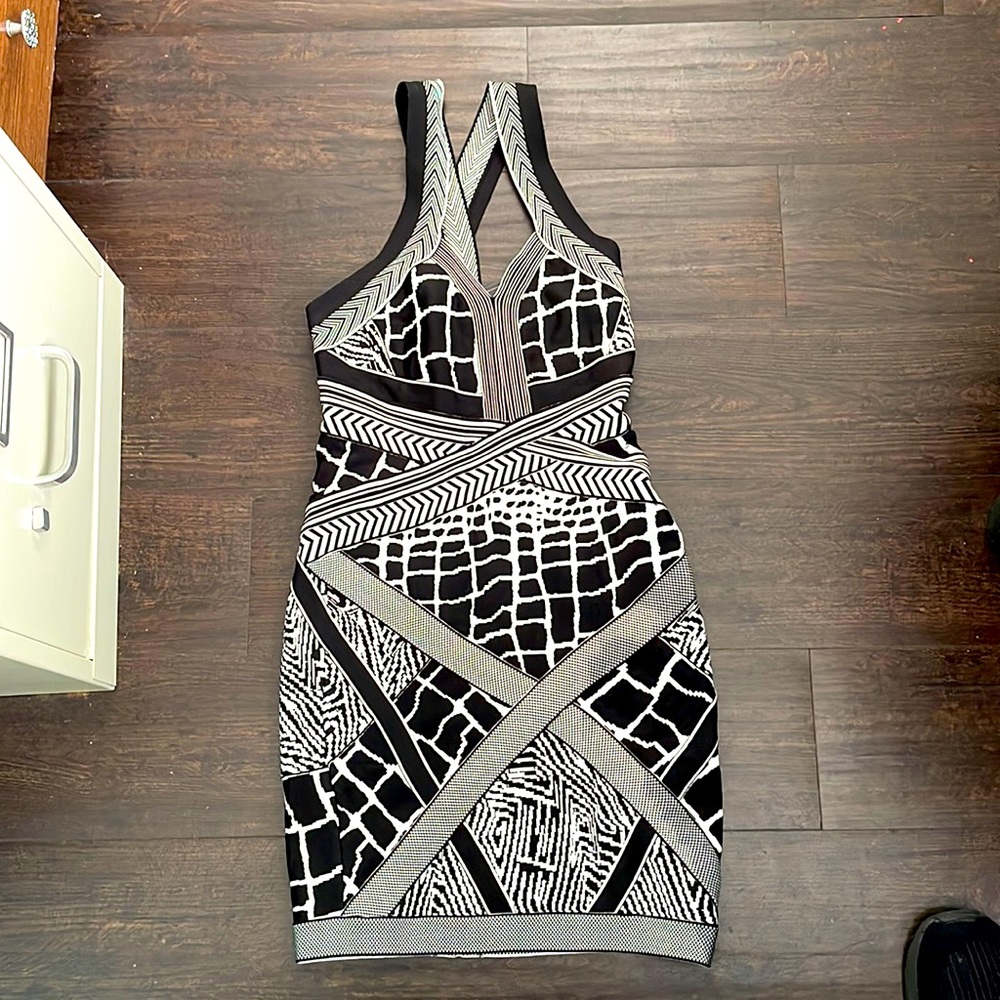 House of CB Bandage black and white halter cross cross back dress. Small